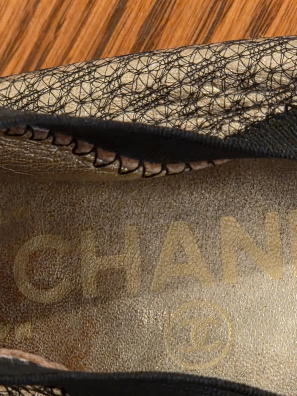 AUTHENTIC CHANEL Black and Gold SILK Metallic Ballet Flats